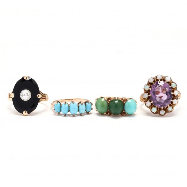 four-vintage-gold-and-gem-set-rings