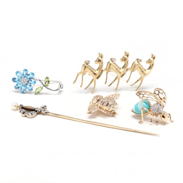 collection-of-gold-and-gem-set-brooches-and-an-antique-stick-pin