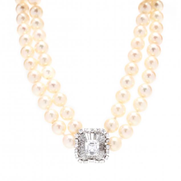 a-fine-platinum-and-2-08-carat-diamond-set-clasp-and-double-strand-akoya-pearl-necklace