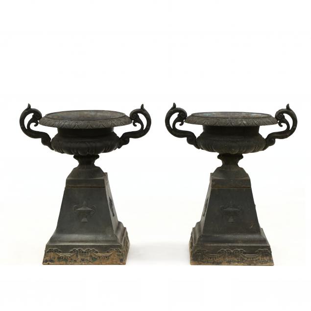 pair-of-classical-style-iron-garden-urns-on-stands