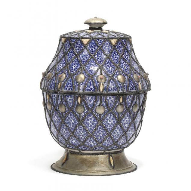 moroccan-blue-glaze-and-metal-overlay-lidded-floor-jar
