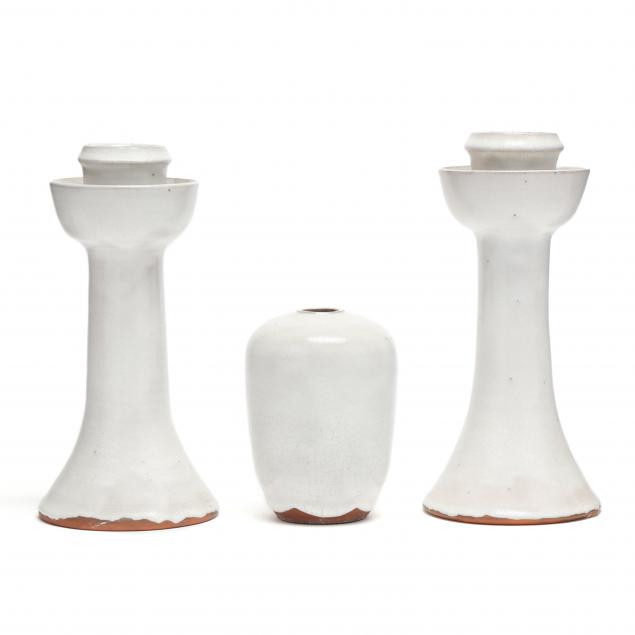 pair-low-candlesticks-and-bud-vase-ben-owen-master-potter-seagrove-nc