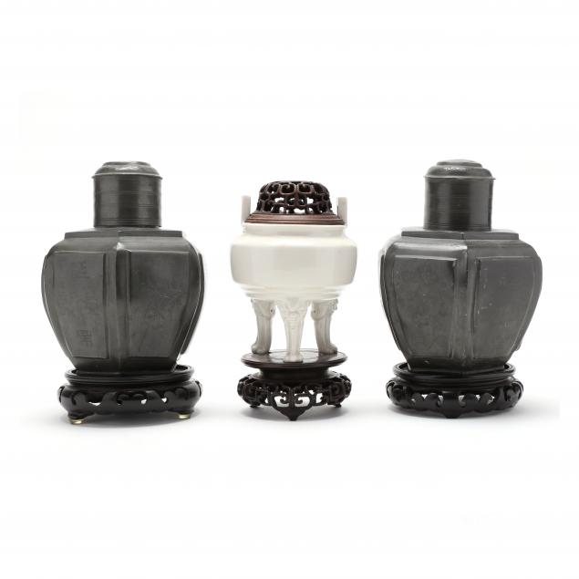a-pair-of-chinese-pewter-tea-caddies-and-a-covered-porcelain-censer