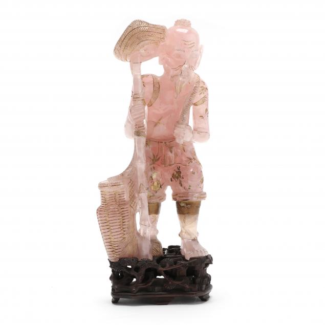 antique-chinese-carved-rose-quartz-with-gilt-okimono