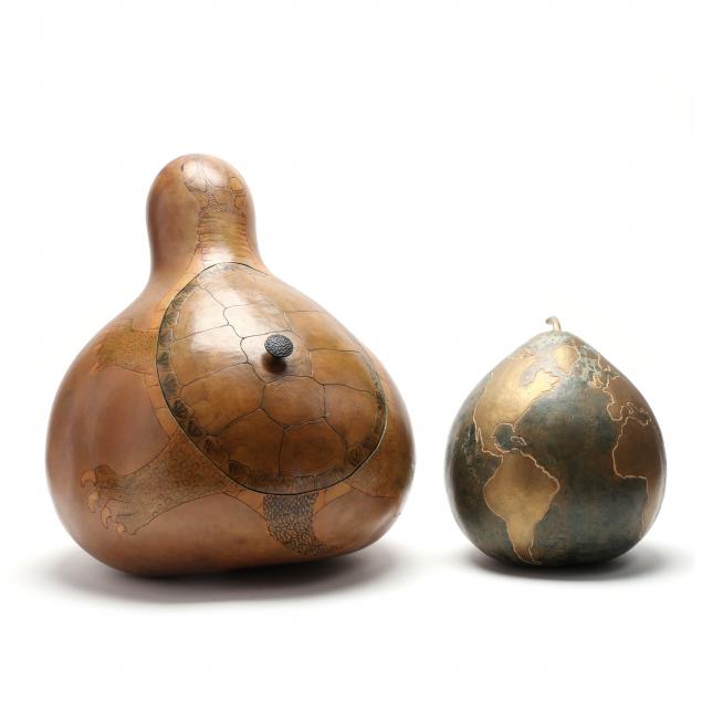 two-carved-and-decorated-gourds