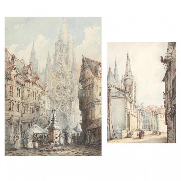 attributed-samuel-prout-british-1783-1852-two-french-street-scenes-featuring-cathedrals