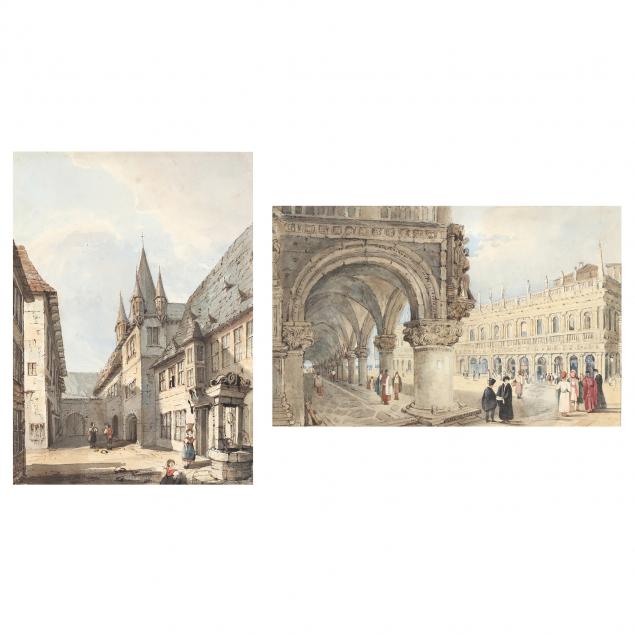 attributed-samuel-prout-british-1783-1852-two-continental-street-scenes-featuring-cathedrals