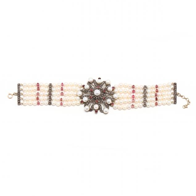 multi-strand-pearl-and-gem-set-bracelet