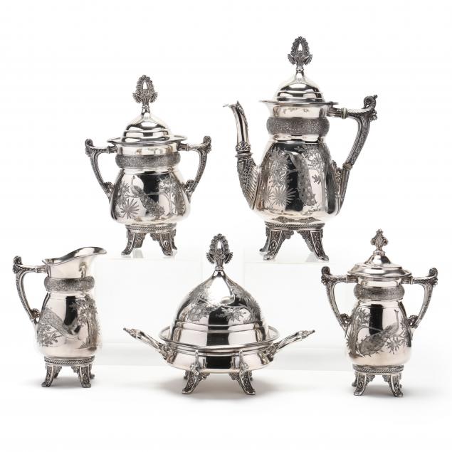 rogers-smith-and-co-five-piece-silverplate-peacock-coffee-service