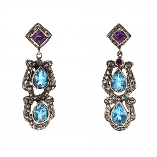 silver-gold-and-gem-set-ear-pendants
