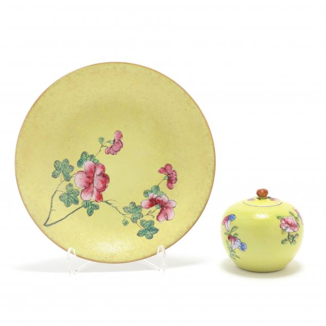 a-chinese-yellow-sgraffito-style-porcelain-plate-and-covered-jar