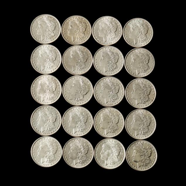 mixed-roll-of-twenty-uncirculated-morgan-silver-dollars