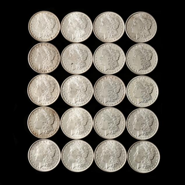 mixed-roll-of-twenty-mostly-uncirculated-morgan-silver-dollars