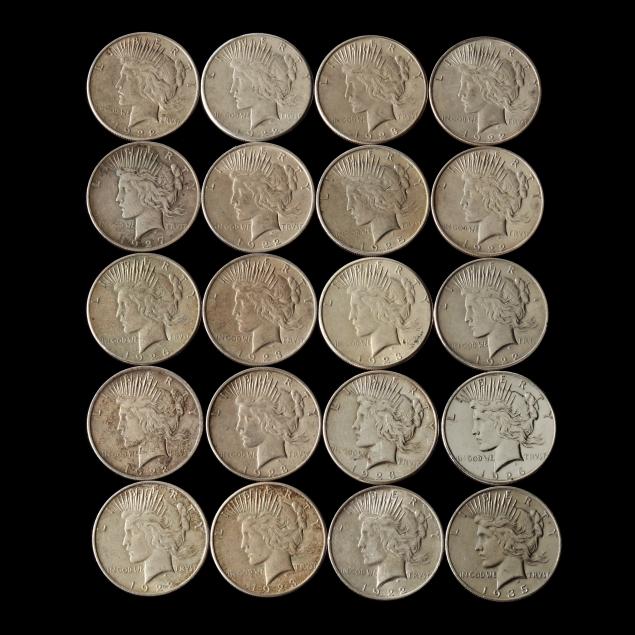 mixed-roll-of-twenty-20-circulated-peace-silver-dollars