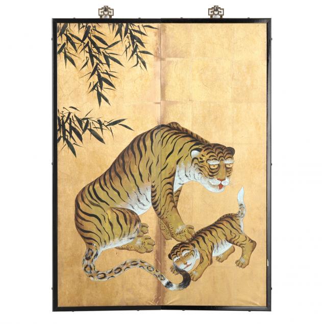 a-two-panel-screen-of-tigers-with-bamboo
