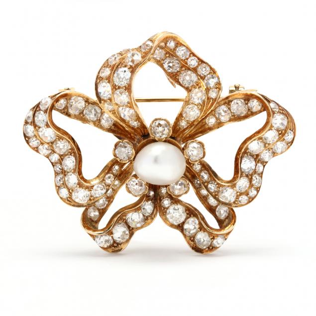 antique-gold-diamond-and-pearl-bow-motif-brooch