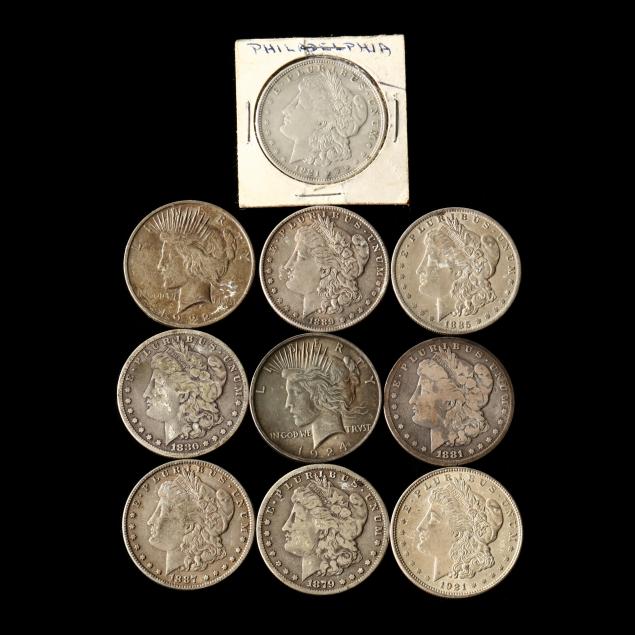 eight-morgan-silver-dollars-and-two-peace-silver-dollars