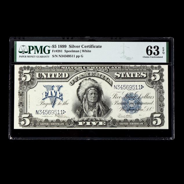 series-1899-5-silver-certificate-pmg-cu63-exceptional-paper-quality