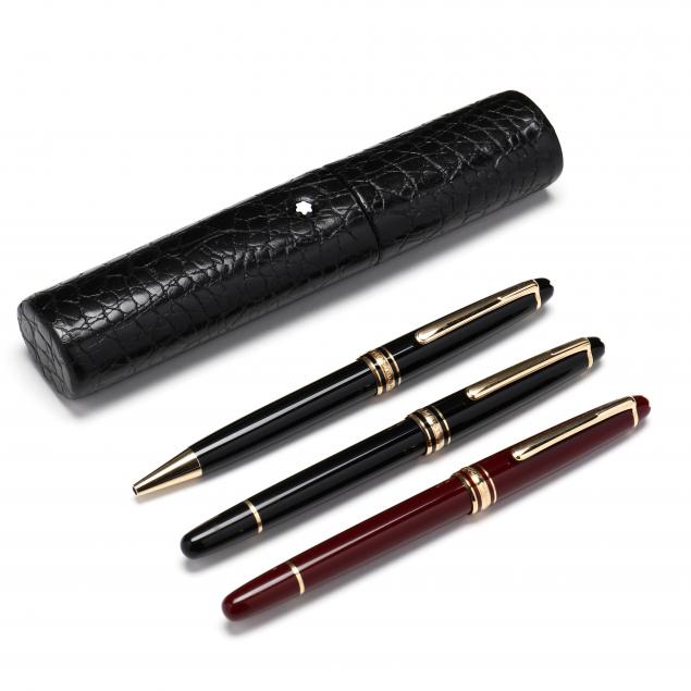 three-montblanc-pens-and-a-florence-crocodile-pen-case