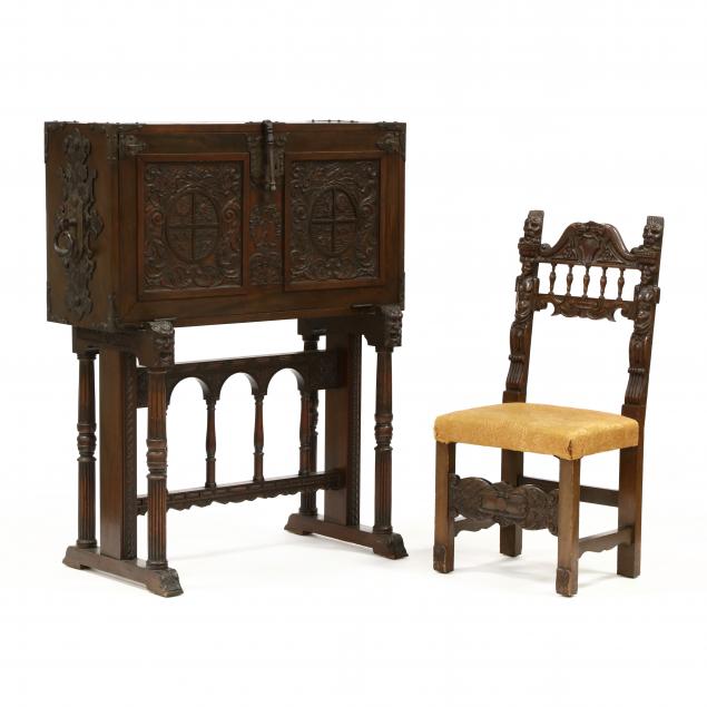jacobean-style-carved-walnut-fall-front-desk-and-chair