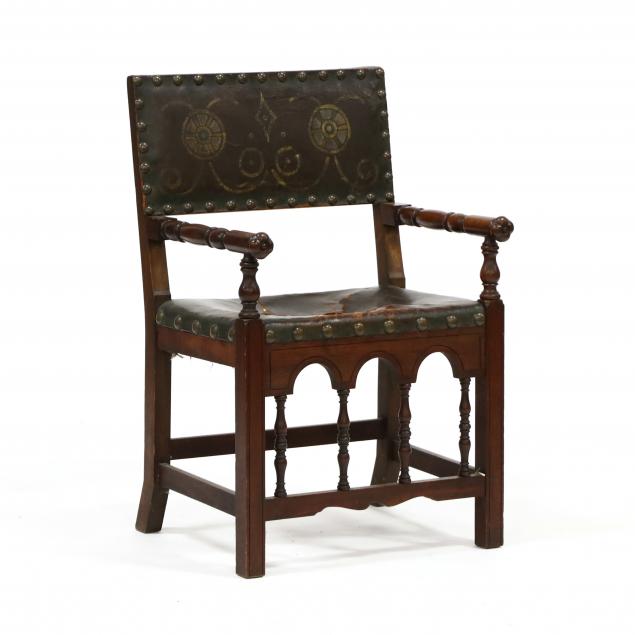 jacobean-style-walnut-and-leather-armchair