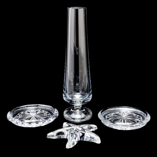 baccarat-crystal-cylindrical-footed-vase-pair-of-bottle-coasters-and-starfish