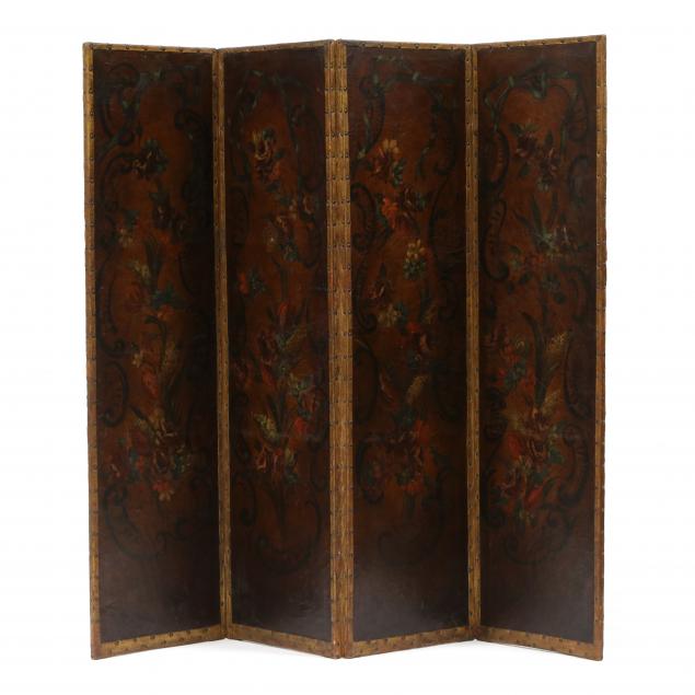 antique-four-panel-painted-leather-floor-screen