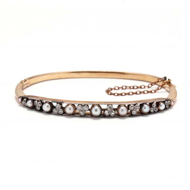 antique-gold-pearl-and-diamond-bangle-bracelet
