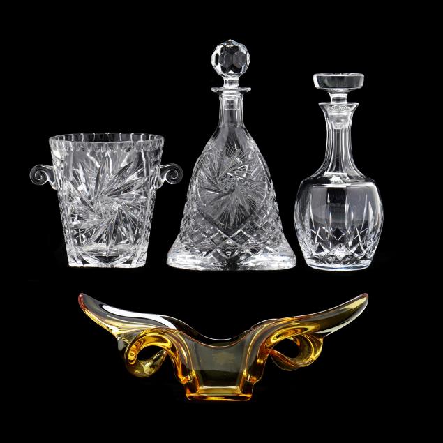 two-decanters-ice-bucket-and-art-glass-bowl