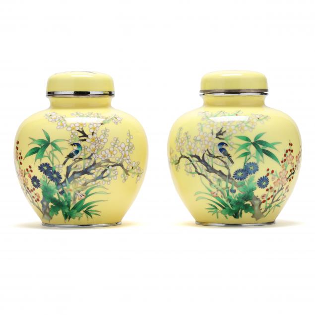 a-pair-of-japanese-yellow-ground-cloisonne-jars-with-covers