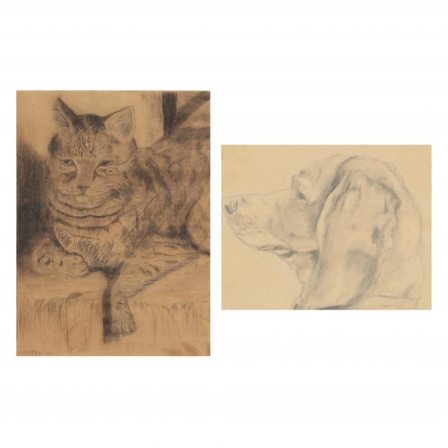 two-vintage-charcoal-sketches-of-family-pets
