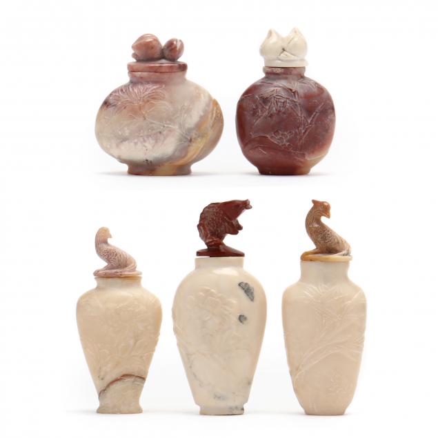 a-group-of-five-carved-soapstone-snuff-bottles