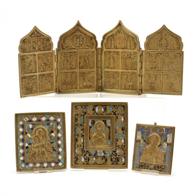 a-grouping-of-four-antique-bronze-and-enamel-russian-icons