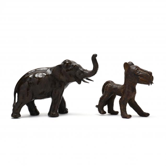 a-benin-bronze-leopard-and-cast-iron-elephant