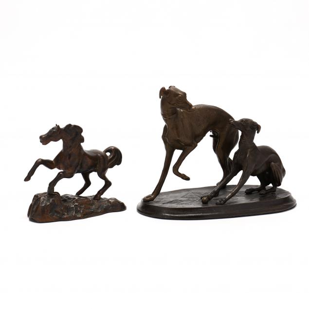 bronze-of-two-whippets-and-cast-iron-horse-sculpture
