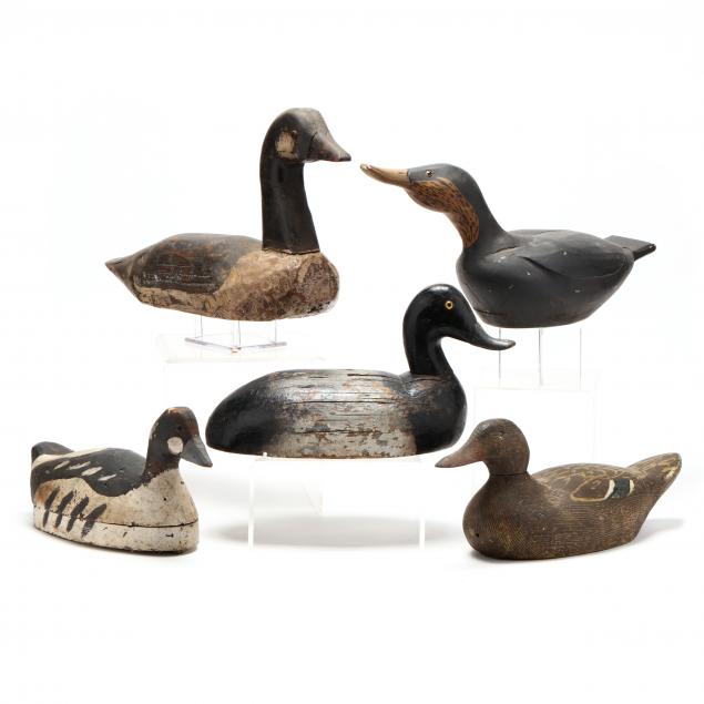 a-collection-of-five-vintage-waterfowl-decoys