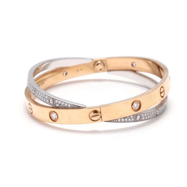 CARTIER 18K Pink White Gold Diamond Double LOVE Paved Bracelet 16 1347347 |  FASHIONPHILE