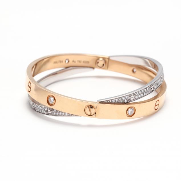 Cartier Rose Gold Half Diamond & Pink Sapphire Double Love Bracelet Size 17  N6705917 | Rich Diamonds