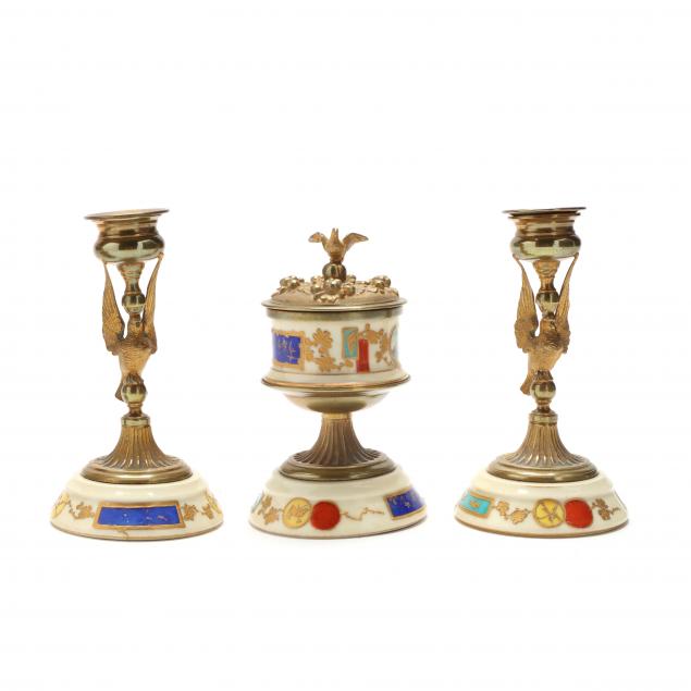 antique-continental-three-piece-brass-and-porcelain-garniture