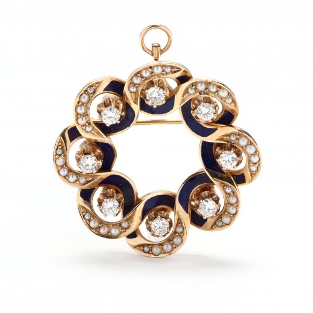 gold-diamond-enamel-and-seed-pearl-circle-pendant-brooch