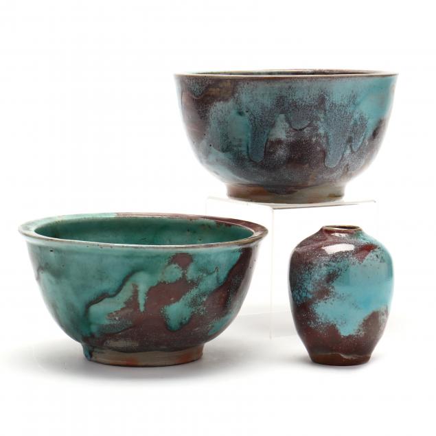 three-pieces-of-jugtown-chinese-blue-glazed-pottery-nc