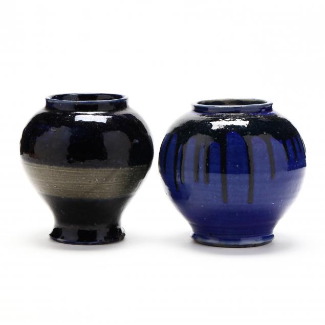 two-cobalt-glazed-stoneware-vases-north-state-pottery-1925-1939-sanford-nc