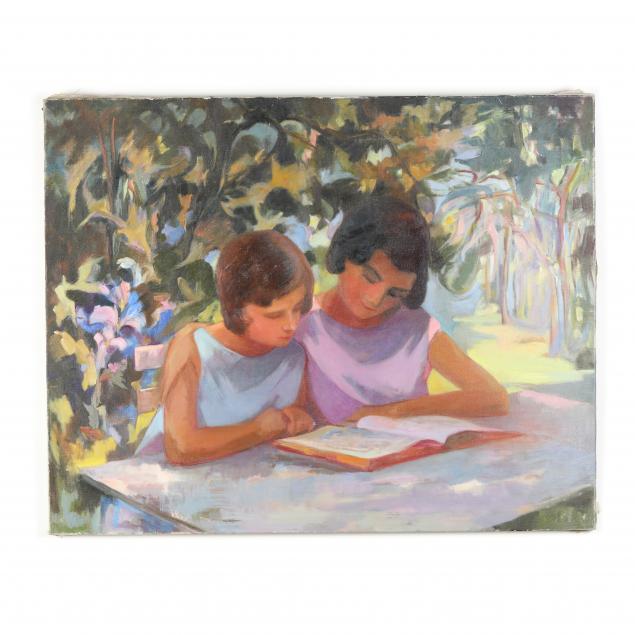 sylvia-gardette-french-20th-21st-century-mother-daughter-reading-in-the-park