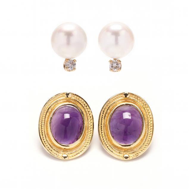 two-pairs-of-gold-and-gem-set-earrings