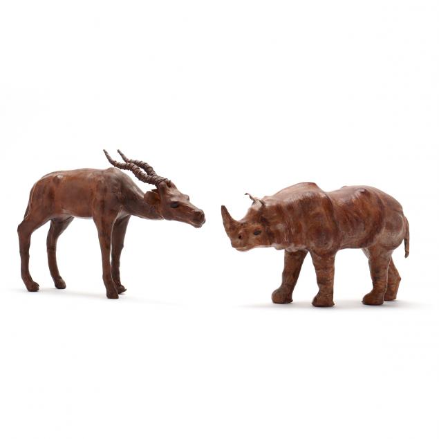 vintage-leather-rhinoceros-and-impala-table-sculptures