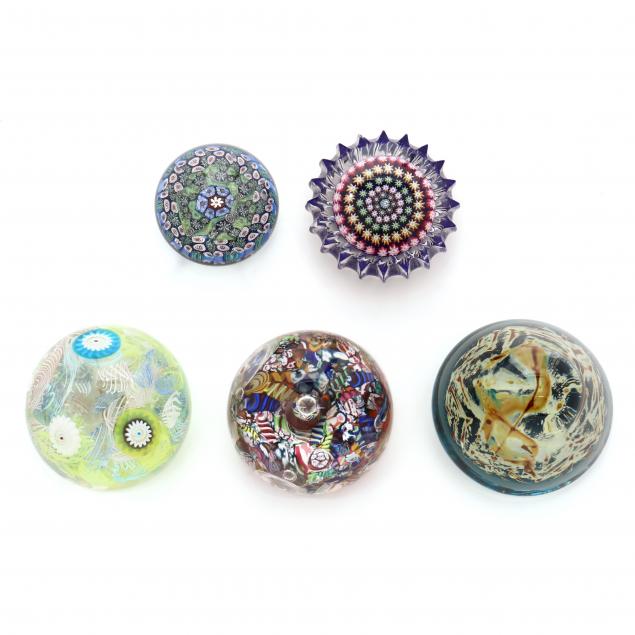 five-art-glass-and-millefiori-paperweights-three-signed