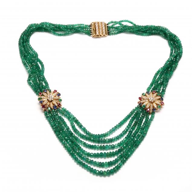 gold-and-gem-set-multi-strand-emerald-bead-necklace
