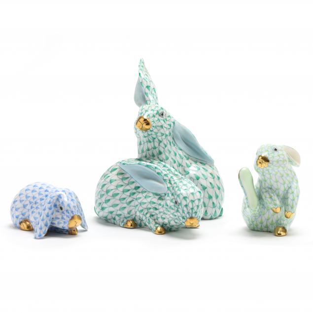 three-herend-fishnet-rabbit-figurines