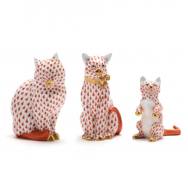 three-herend-porcelain-seated-cat-figurines