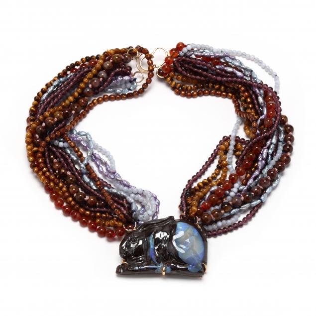 carved-boulder-opal-rabbit-pendant-on-gem-set-bead-torsade-necklace